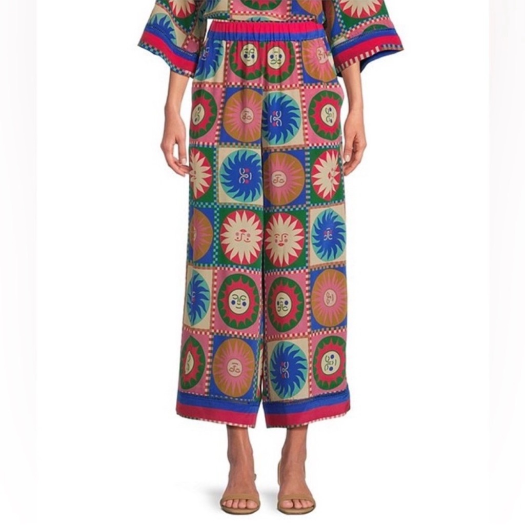 Nwt Johnny Was Coordinating Silk Geometric Sun Tile Print Pull-On Pants